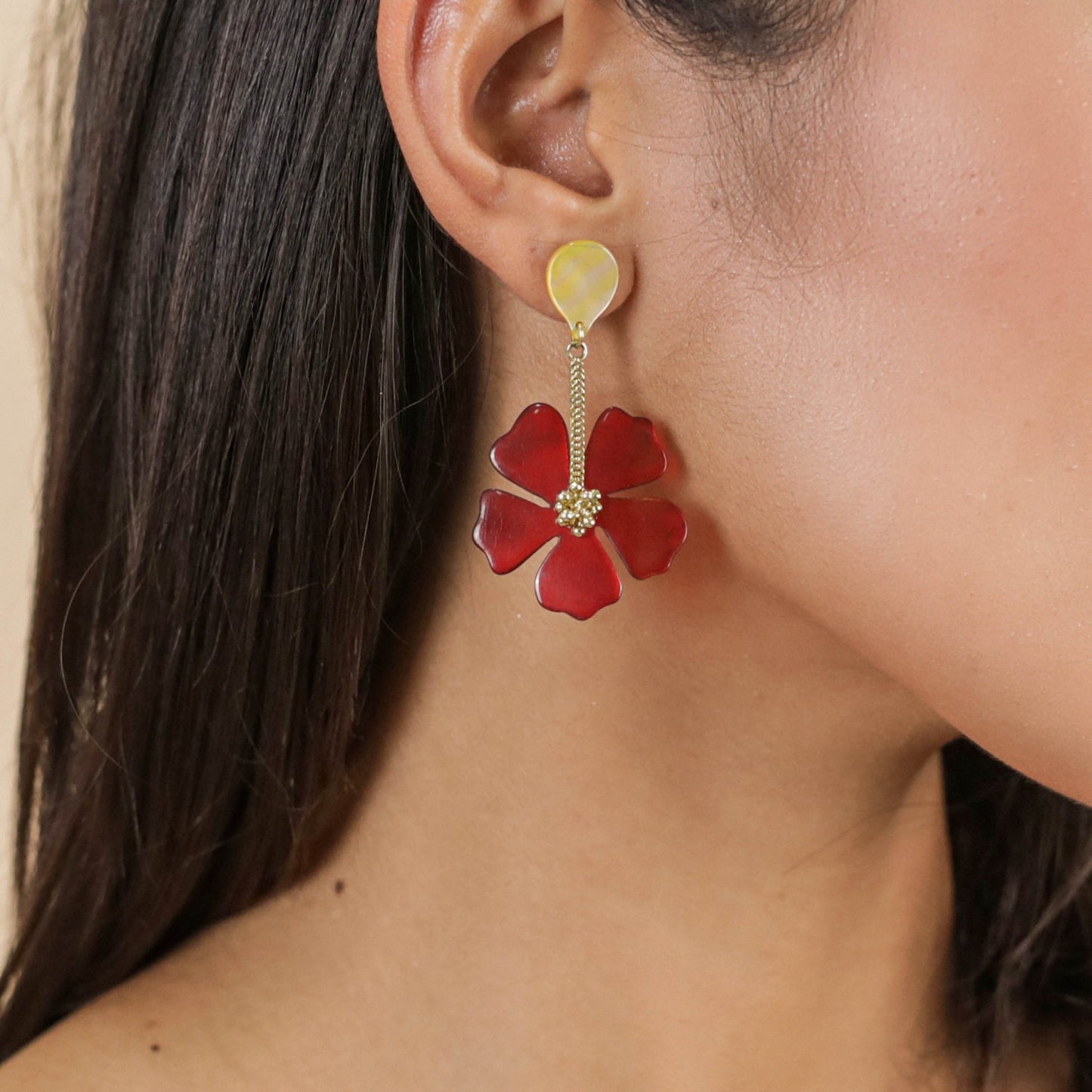 Boucles d'oreilles poussoir pendant fleur HIBISCUS Nature bijoux