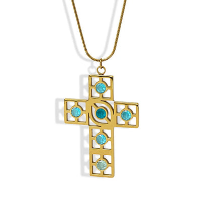 Collier sautoir en acier inoxydable croix et strass bleu